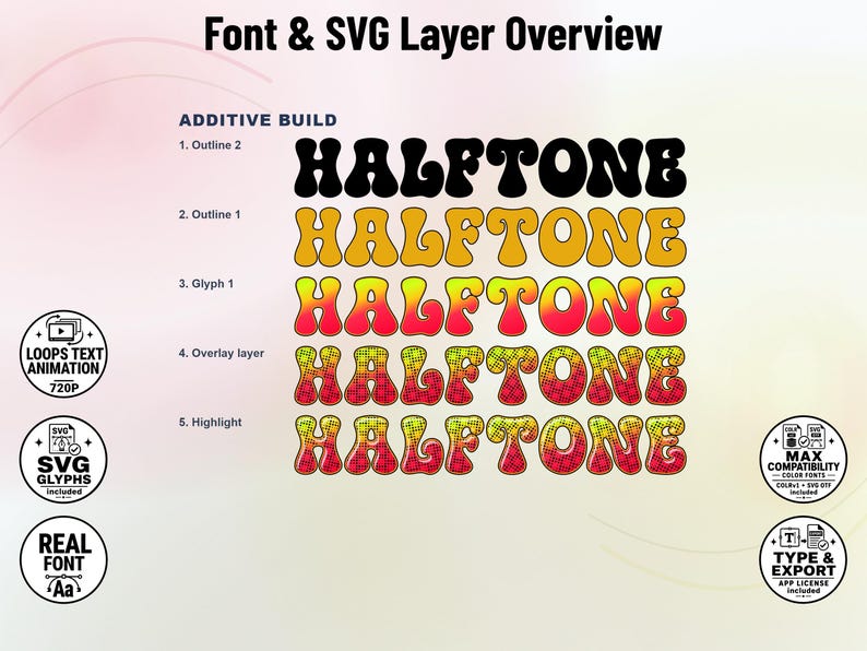Halftone-Dots-1 - 70s-inspired Stacked Color Font | Warp Effects & SVG/PNG Export App image 2