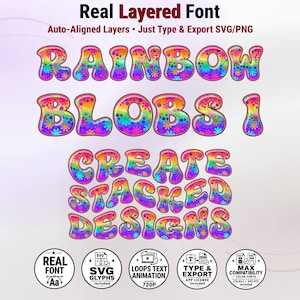 May include: A digital font display featuring the text Real Layered Font, Auto-Aligned Layers, Just Type & Export SVG/PNG, RAINBOW BLOBS 1, and CREATE STACKED DESIGNS in a colorful, bubble-style typeface with small flower patterns.
