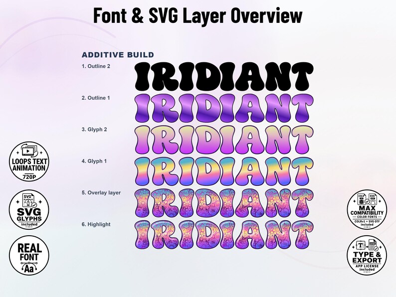 Iridiant-Doodles-1 - Dreamy Rainbow Stacked Doodle Color Font | Warp Effects & SVG/PNG Export App image 2