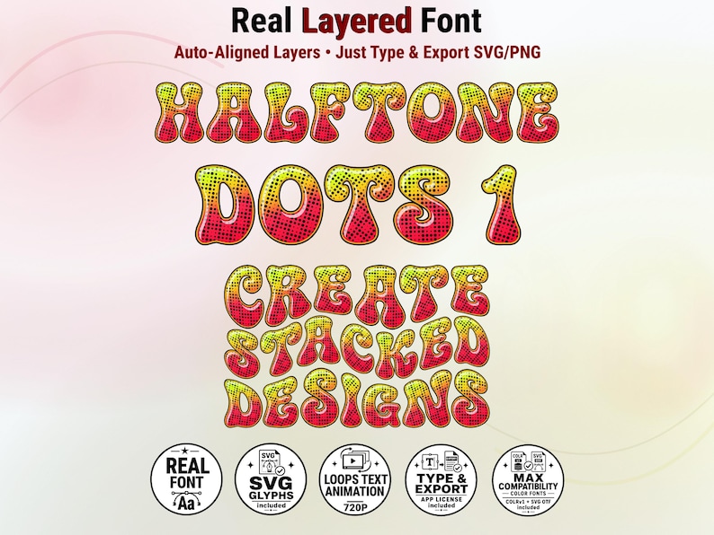 Halftone-Dots-1 - 70s-inspired Stacked Color Font | Warp Effects & SVG/PNG Export App image 1