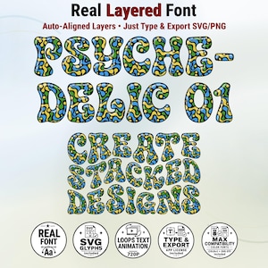 May include: A digital font file titled Real Layered Font featuring the text PSYCHEDELIC 01 and CREATE STACKED DESIGNS in a wavy, multi-colored pattern of blue, green, and yellow. Five circular icons display technical specifications.