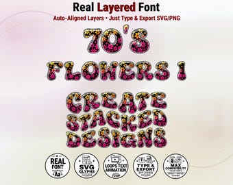 May include: A digital font file titled Real Layered Font featuring the text 70'S FLOWERS 1 and CREATE STACKED DESIGNS in a black, pink, and orange floral pattern. Five circular icons at the bottom indicate SVG, animation, and export features.
