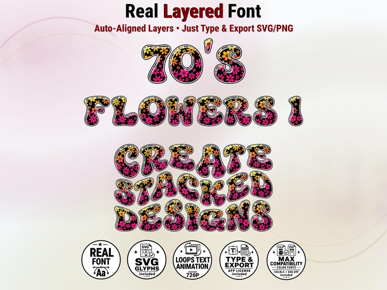 70s Flowers – Groovy Floral Stacked Color Font | Warp Effects & SVG/PNG Export App image 1