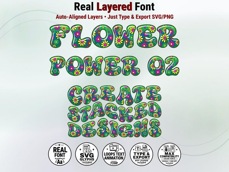 Flowerpower-02 - Retro Flower-Power Stacked Color Font | Warp Effects & SVG/PNG Export App image 1