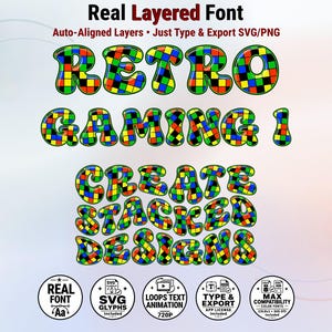 May include: A digital font display featuring the text Real Layered Font, Auto-Aligned Layers, Just Type & Export SVG/PNG, RETRO GAMING 1, and CREATE STACKED DESIGNS in a colorful, checkered, bubble-style typeface with five circular icons below.