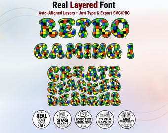 May include: A digital font display featuring the text Real Layered Font, Auto-Aligned Layers, Just Type & Export SVG/PNG, RETRO GAMING 1, and CREATE STACKED DESIGNS in a colorful, checkered, bubble-style typeface with five circular icons below.