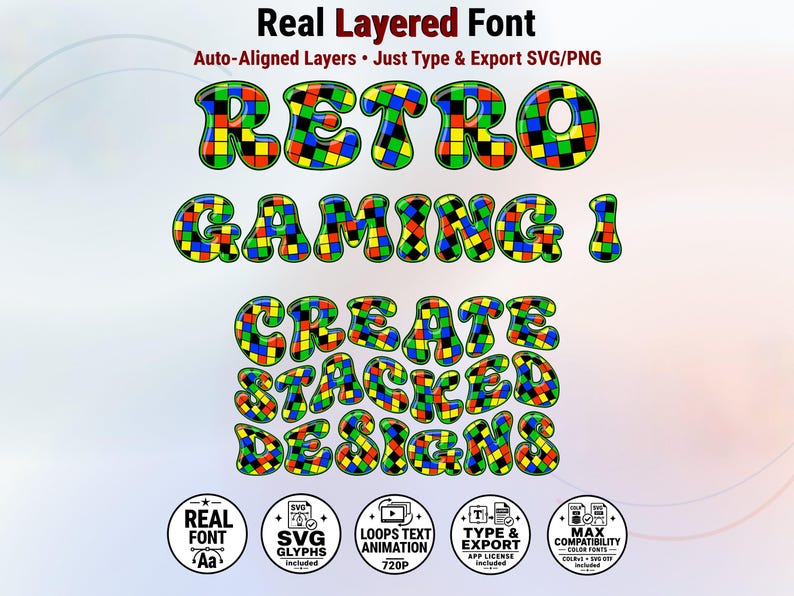 Retro-Gaming-1 - Bold Multicolor Checkerboard Stacked Color Font | Warp Effects & SVG/PNG Export App image 1