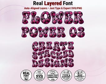 May include: A digital font file titled Real Layered Font, featuring the text Flower Power 03 and Create Stacked Designs in a bubble letter style with a black background and pink floral pattern. Five circular icons display features like SVG glyphs, text animation, and export options.