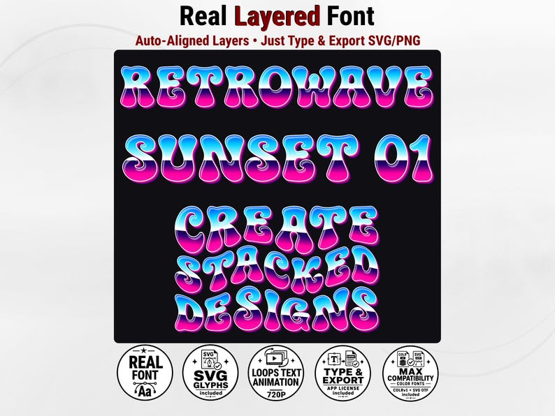 Retrowave-Sunset-01 - Synthwave Arcade Inspired Stacked Color Font | Warp Effects & SVG/PNG Export App image 1