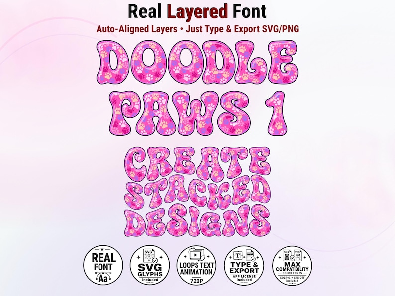Doodle-Paws-1 - Colorful Paw Prints Stacked Color Font | Warp Effects & SVG/PNG Export App immagine 1