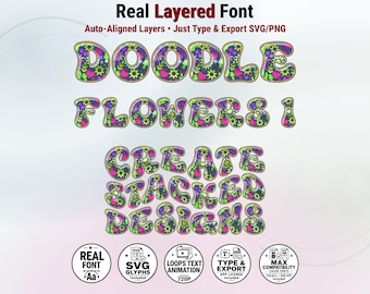 May include: A digital font file titled Real Layered Font, Doodle Flowers 1, Create Stacked Designs. The letters feature a dark blue background with a colorful floral pattern in pink, yellow, and green. Five circular icons at the bottom display technical specifications and file formats including SVG, PNG, and animation capabilities.