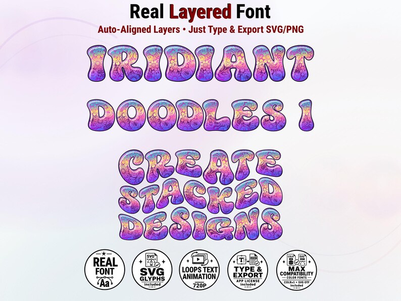 Iridiant-Doodles-1 - Dreamy Rainbow Stacked Doodle Color Font | Warp Effects & SVG/PNG Export App image 1