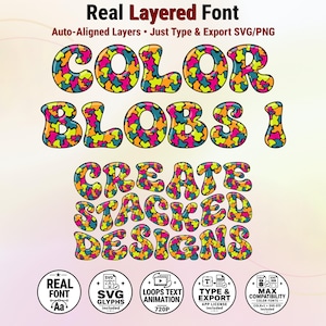 May include: A digital graphic displaying the text Real Layered Font, Auto-Aligned Layers, Just Type & Export SVG/PNG, COLOR BLOBS 1, and CREATE STACKED DESIGNS in a multi-colored, blob-filled bubble font, with five circular icons at the bottom.