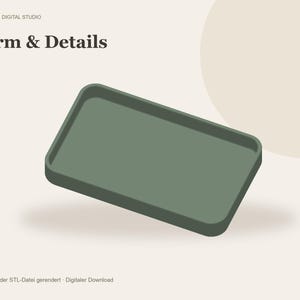 May include: A rectangular sage green tray with rounded corners and raised edges. The text MAYBELS / DIGITAL STUDIO and Form & Details appear in the upper left corner, with Direkt aus der STL-Datei gerendert &middot; Digitaler Download below.