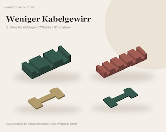 Kabel Organizer STL Set – 2 offene Kabelablagen und 2 Kabelwickler, Schreibtisch Ordnung, 4 Dateien für 3D Druck