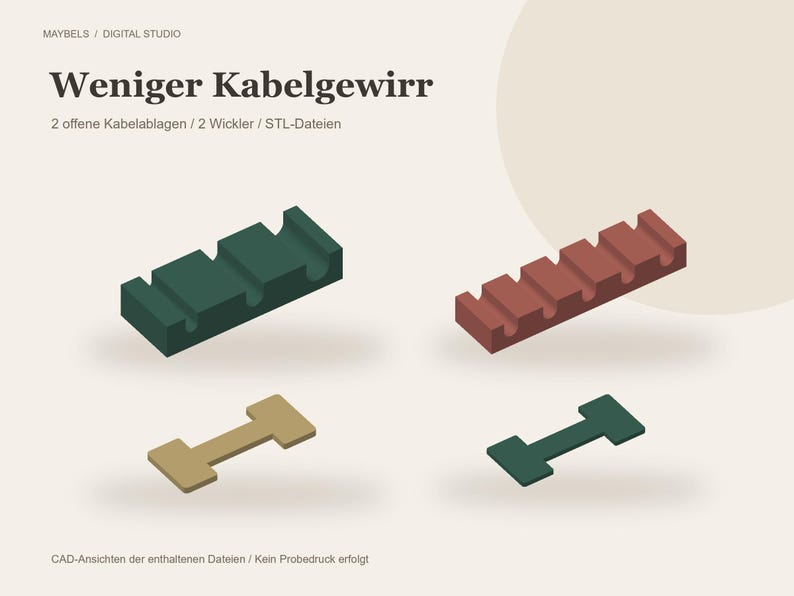 Kabel Organizer STL Set – 2 offene Kabelablagen und 2 Kabelwickler, Schreibtisch Ordnung, 4 Dateien für 3D Druck image 1