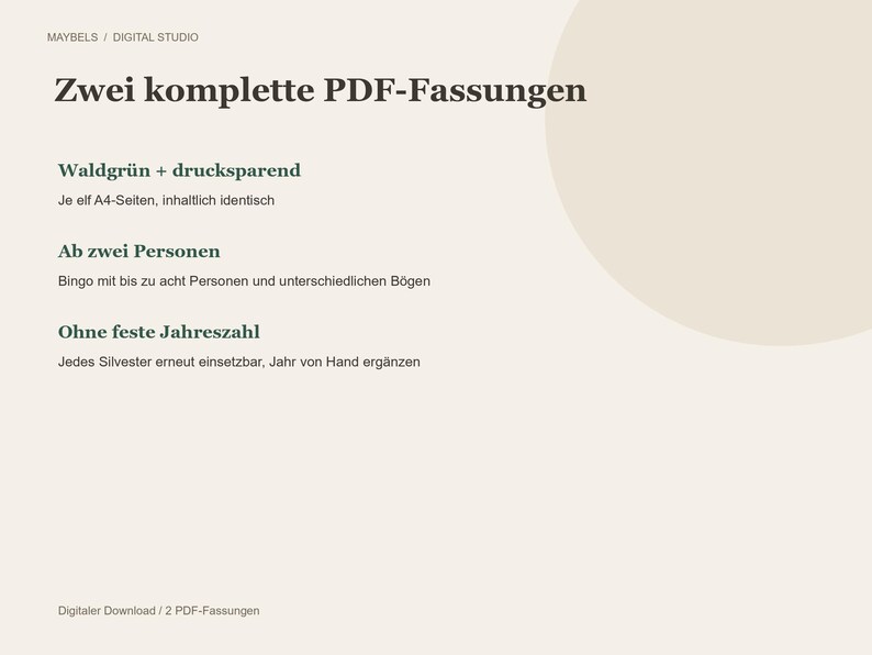 以下が含まれることがあります： MAYBELS DIGITAL STUDIOによるZwei komplette PDF-Fassungenというタイトルのデジタル製品情報シート。フォレストグリーンとインク節約の2つのPDFバージョン、最大8人用のビンゴゲーム、年号指定なしについて記載されています。