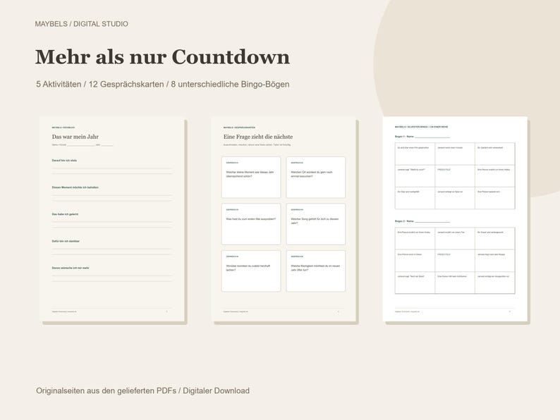 以下が含まれることがあります： Mehr als nur Countdownと題されたデジタルダウンロードセット。5つのアクティビティ、12枚の会話カード、8枚のビンゴシートが含まれています。ページにはDas war mein JahrやEine Frage zieht die n&auml;chsteといった見出しがあり、書き込み用の罫線やグリッドが配置されています。
