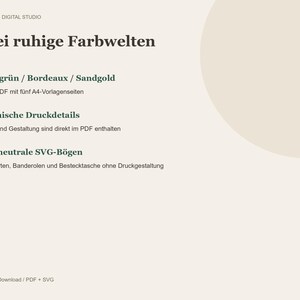 May include: A digital product information sheet titled Drei ruhige Farbwelten by MAYBELS DIGITAL STUDIO. It lists color palettes including forest green, bordeaux, and sand gold, along with details for PDF templates, botanical print elements, and three neutral SVG sheets.