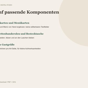 May include: A digital document titled F&uuml;nf passende Komponenten from Maybels Digital Studio. It lists five printable items including place cards, menu cards, napkin bands, cutlery pockets, and small gift tags with instructions in German.