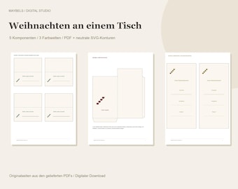 Weihnachtliche Tischdeko PDF und SVG – Tischkarten, Menükarten, Bestecktasche und Serviettenbanderolen, 3 Farbwelten