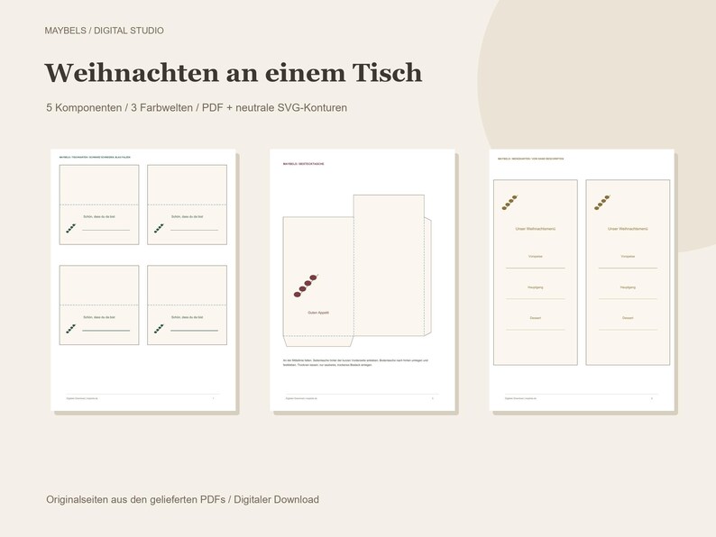 May include: A digital download set titled MAYBELS / DIGITAL STUDIO Weihnachten an einem Tisch, featuring three pages of printable templates with 5 components, 3 color palettes, PDF files, and neutral SVG outlines for holiday table settings.