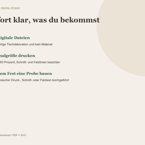 May include: A digital information sheet with a beige background featuring the text MAYBELS / DIGITAL STUDIO, Sofort klar, was du bekommst, Nur digitale Dateien, Originalgr&ouml;&szlig;e drucken, Vor dem Fest eine Probe bauen, and Digitaler Download / PDF + SVG.