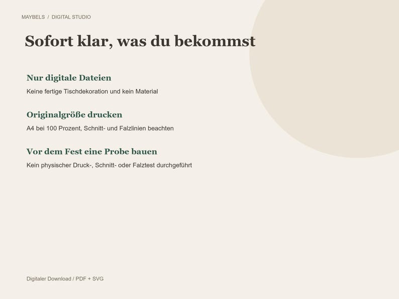 May include: A digital information sheet with a beige background featuring the text MAYBELS / DIGITAL STUDIO, Sofort klar, was du bekommst, Nur digitale Dateien, Originalgr&ouml;&szlig;e drucken, Vor dem Fest eine Probe bauen, and Digitaler Download / PDF + SVG.