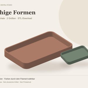 May include: A digital graphic displaying two rectangular trays in different sizes, one in terracotta and one in sage green. The text reads: MAYBELS / DIGITAL STUDIO, Ruhige Formen, Ablageschale, 2 Gr&ouml;&szlig;en, STL-Download, STL-Dateien, Farben durch dein Filament w&auml;hlbar, CAD-Vorschau, Kein physischer Artikel, Kein Probedruck.