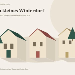 Winterdorf SVG und PDF – 3 Papierhäuser, 2 Tannen und Schneebasis, Weihnachtsdeko zum Basteln, A4 Vorlagen