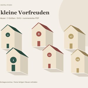 Adventskalender Häuser SVG und PDF – 24 Zahlen, 3 Papierhaus Größen, nummerierte A4 Bastelvorlagen für Weihnachten