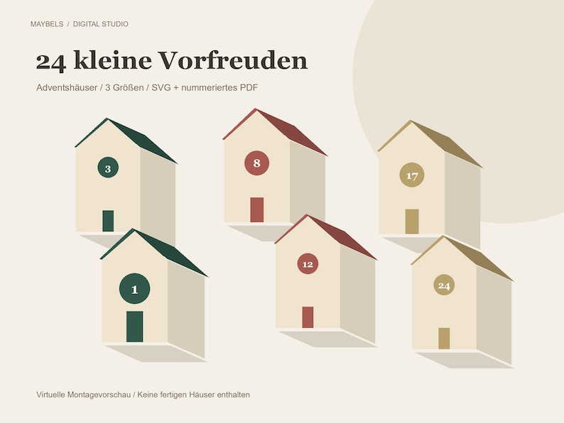 Adventskalender Häuser SVG und PDF – 24 Zahlen, 3 Papierhaus Größen, nummerierte A4 Bastelvorlagen für Weihnachten image 1