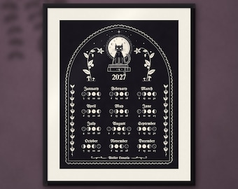 2027 Moon Calendar Printable, Gothic Witchy Lunar Calendar, Black Cat Moon Phases Wall Art, Witch Decor, Instant Digital Download