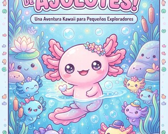 Könnte beinhalten: Eine farbenfrohe Illustration mit dem Text "¡MUNDO MÁGICO DE AJOLOTES!" und "Una Aventura Kawaii para Pequeños Exploradores" mit einem zentralen rosa Axolotl, umgeben von kleineren, bunten Axolotln in einer blauen Unterwasserwelt.