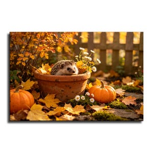 May include: A small hedgehog sits inside a round terracotta pot filled with white daisies. Two orange pumpkins rest on the ground among scattered yellow and orange autumn leaves, with a wooden fence visible in the blurred background.