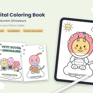 Digital Dinosaurs Coloring Book for Kids, iPad Procreate & GoodNotes Coloring Pages, Kawaii Dinosaurs Coloring, Hyperlinked PDF