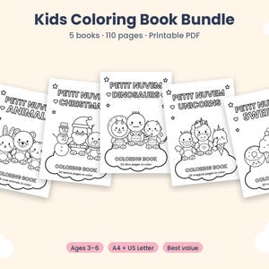 Pode incluir: Um pacote digital de cinco livros de colorir intitulado Kids Coloring Book Bundle, 5 books, 110 pages, Printable PDF. As capas apresentam desenhos de linhas em preto e branco de animais, personagens de Natal, dinossauros, unicórnios e doces.