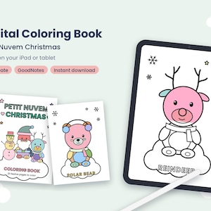 Puede incluir: Un libro de colorear digital titulado Petit Nuvem Christmas con 20 páginas festivas. La pantalla muestra una tableta con un lápiz óptico coloreando un reno rosa. Dos páginas impresas muestran un muñeco de nieve, Santa Claus y un oso polar.