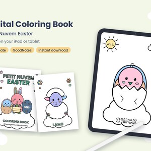 Digital Easter Coloring Book for Kids, iPad Procreate & GoodNotes Coloring Pages, Kawaii Easter Coloring, Hyperlinked PDF