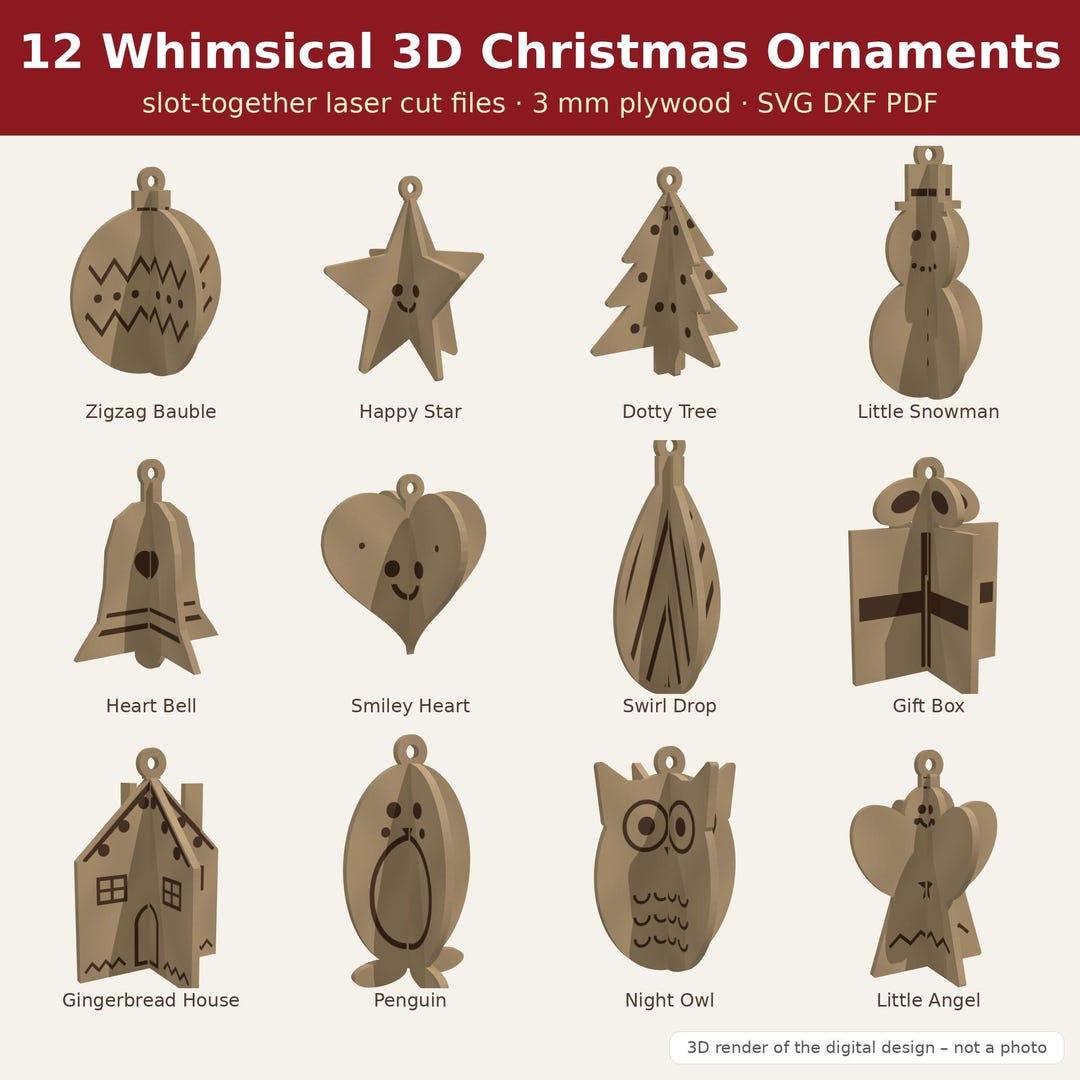 Custom Monogram Dxf File Christmas Ornament SVG Laser Cut Files, 12 3D Slot Together Ornaments ...