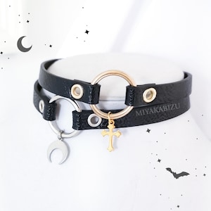pastel goth collar MOON CROSS, cute oring choker, kawaii harajuku menhera necklace, gothic emo coquette jewelry, sweet gift for bff sister