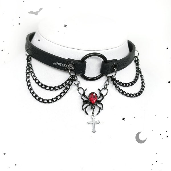 SPIDER black collar choker with chain and o-ring alternative witchy gothic halloween jewelry