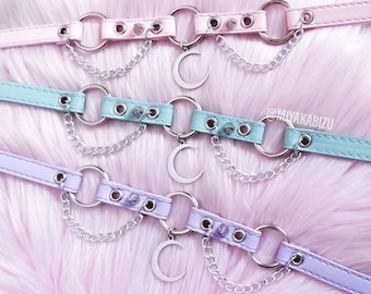 Pastel choker with MOON o-ring spikes chains, eco leather, mint pink violet, pastel goth kawaii harajuku soft grunge coquette fairy jewelry