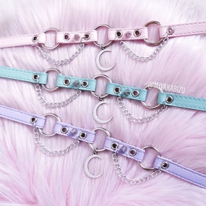 Pastel choker with MOON o-ring spikes chains, eco leather, mint pink violet, pastel goth kawaii harajuku soft grunge coquette fairy jewelry