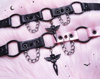 CROSS collar choker with chain o-ring spikes, black pink jewelry, pastel goth gothic yume kawaii harajuku soft grunge jewelry alt fashion