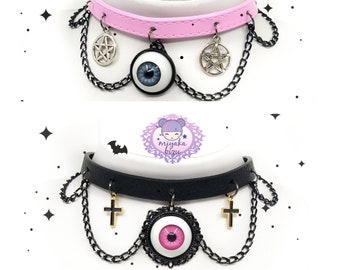 EYES pastel goth halloween choker with chain collar alternative eco leather