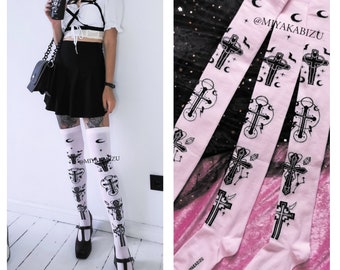 jirai kei high socks, pastel goth overknee socks, gothic lolita clothing, ryousangata kawaii harajuku menhera japanese, pink cute gift idea