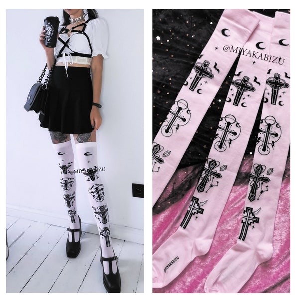 jirai kei high socks, pastel goth overknee socks, gothic lolita clothing, ryousangata kawaii harajuku menhera japanese, pink cute gift idea