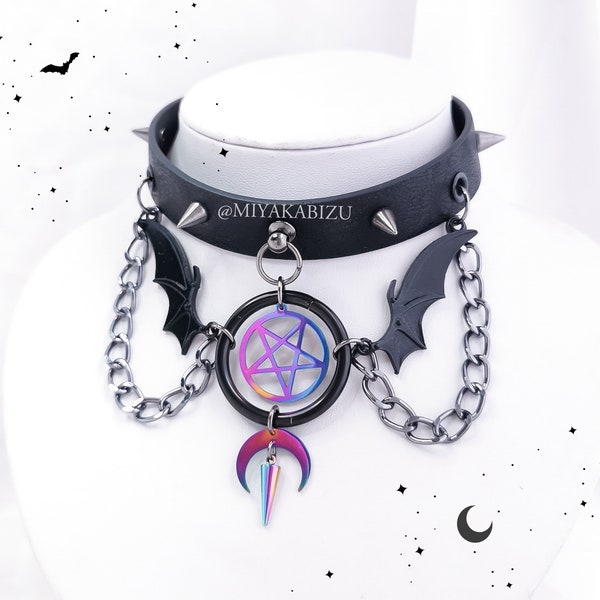 Gothic Choker Collar with chain spikes o-ring, pastel goth layered necklace, emo punk kawaii harajuku witchy grunge jewelry, pentagram moon