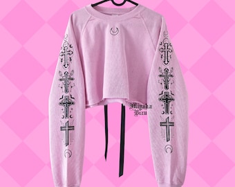 Pastel Goth Oversized Crop Sweatshirt, Pink Harajuku Hoodie, Gothic Cross Sleeve, Corset Back Pullover